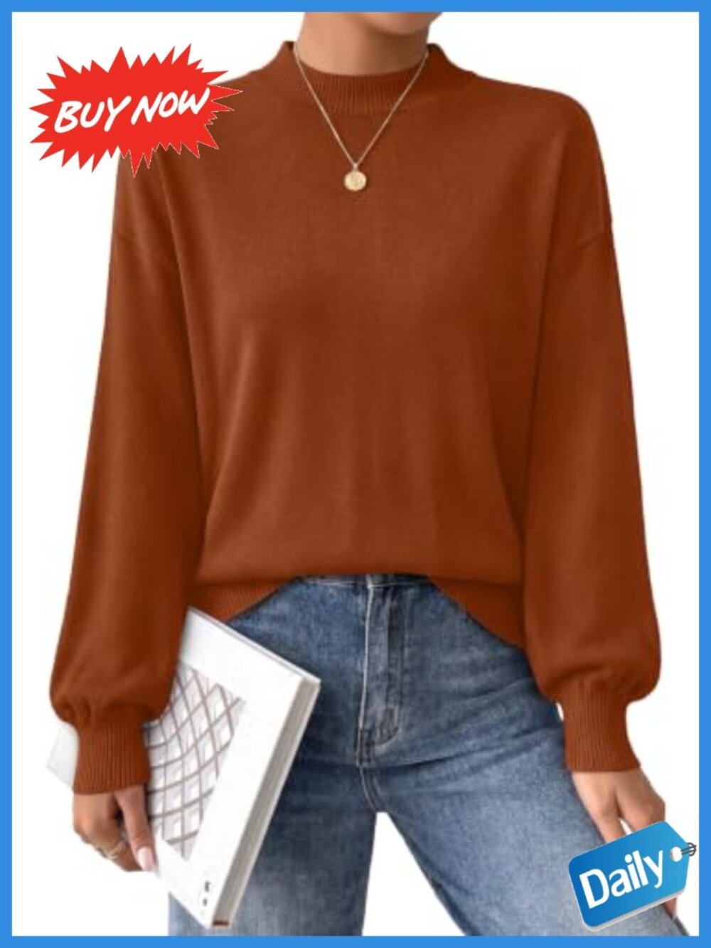 Womens Mock Neck Puff Sleeve Sweater Lightweight Knit Pullover